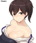  absurdres areola_slip areolae bangs bare_shoulders blush breasts brown_eyes brown_hair closed_mouth collarbone eyebrows_visible_through_hair highres japanese_clothes kaga_(kantai_collection) kantai_collection kimono kiritto large_breasts looking_at_viewer muneate off_shoulder one_side_up open_clothes open_kimono shiny shiny_skin short_hair simple_background solo twitter_username upper_body white_background white_kimono 