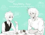  abi_(ab_i_ba) ahoge bangs cake commentary crossed_arms eating eyebrows_visible_through_hair fate/apocrypha fate_(series) food fork green_background happy_birthday holding holding_fork long_hair long_sleeves male_focus monochrome multiple_boys pie scar shirt short_hair sieg_(fate/apocrypha) siegfried_(fate) waistcoat white_shirt 