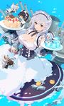  ahoge aircraft airplane animal_ears aqua_background azur_lane belfast_(azur_lane) black_hair bomb bow braid breasts buttons cake cannon chain choker cleavage collarbone commentary_request curly_hair dress eyebrows_visible_through_hair falling food fox_ears fox_girl fox_mask fox_tail french_braid frills fruit hair_between_eyes hat headgear heart_ahoge heterochromia hitodama holding holding_knife holding_plate illustrious_(azur_lane) indianapolis_(azur_lane) japanese_clothes jitome kaga_(azur_lane) knife large_breasts looking_at_viewer machinery maid maid_headdress mask minigirl multiple_girls pantyhose plate ponytail purple_eyes shouhou_(azur_lane) sitting smile strawberry tail takao_(azur_lane) tanaka_(cow) thighhighs white_bow white_dress white_hair yellow_eyes 
