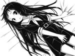  1girl bed bed_sheet belt black_eyes black_hair black_serafuku blush buckle female kimagure_blue long_hair looking_at_viewer lying monochrome neckerchief on_back open_mouth original school_uniform serafuku sheet_grab shirt skirt skirt_tug solo 