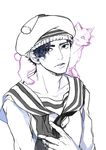  animalization blue_hair cat hair_over_one_eye hat jojo_no_kimyou_na_bouken jojolion kibadori_rue killer_queen kira_yoshikage_(jojolion) limited_palette long_sleeves looking_at_viewer male_focus parted_lips sailor sailor_hat solo stand_(jojo) white_background 