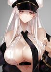  absurdres apt azur_lane bare_shoulders black_neckwear breasts cleavage cleavage_cutout closed_mouth clothes_pull enterprise_(azur_lane) expressionless grey_background hair_between_eyes hat highres large_breasts long_hair long_sleeves looking_at_viewer necktie off_shoulder peaked_cap purple_eyes shiny shiny_skin signature silver_hair simple_background solo unbuttoned upper_body very_long_hair white_hat wing_collar 