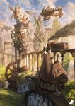 airship blue_sky bridge chimney cloud cloudy_sky commentary_request fantasy grass ground_vehicle highres house no_humans original outdoors path railroad_tracks river road scenery signature sky smoke tower train water water_wheel waterfall windmill you_shimizu 