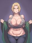  1girl areola_slip areolae blonde_hair breasts cleavage erect_nipples huge_breasts lactation long_hair looking_at_viewer metal_owl_(aden12) naruto navel parted_lips pubic_hair pussy_juice smile solo tsunade 