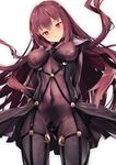  arms_behind_back blush body_writing bodysuit breasts breasts_apart covered_navel covered_nipples fate/grand_order fate_(series) furisuku heart heart-shaped_pupils highres large_breasts long_hair looking_at_viewer pubic_hair purple_bodysuit purple_hair red_eyes scathach_(fate)_(all) scathach_(fate/grand_order) see-through simple_background skin_tight solo sweat symbol-shaped_pupils very_long_hair white_background 