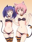  :d ^_^ ahoge animal_ears arms_behind_back bangs bikini black_bikini black_neckwear bow breasts cat_ears cat_tail choker closed_eyes collarbone commentary_request cowboy_shot demon_horns demon_tail eyebrows_visible_through_hair facing_viewer gradient gradient_background groin halter_top halterneck highres hinata_yukari horns kemonomimi_mode long_hair looking_at_viewer mel_(melty_pot) multi-strapped_bikini multiple_girls navel nonohara_yuzuko open_mouth orange_bow outline pink_eyes pink_hair purple_hair short_hair single_thighhigh small_breasts smile stomach striped striped_legwear swimsuit tail tail_bow thighhighs twintails two-tone_background white_outline yuyushiki 