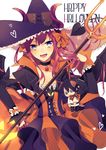  1girl blue_eyes blush cape dress elizabeth_bathory_(halloween)_(fate) fate/grand_order fork halloween hat lancer_(fate/extra_ccc) long_hair looking_at_viewer purple_hair smile weapon witch 