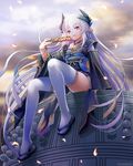  bell eyebrows_visible_through_hair fan fate/grand_order fate_(series) folding_fan horns japanese_clothes kiyohime_(fate/grand_order) lavender_hair long_hair looking_at_viewer plastic_moon red_eyes sandals sitting solo thighhighs very_long_hair 