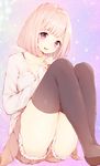 :d bangs black_legwear blush collarbone commentary_request frills hands_up highres knees_up legs_together looking_at_viewer manatsuki_manata open_mouth original pink_hair purple_eyes short_hair shorts sitting skirt sleeves_past_wrists smile solo sweater tareme thighhighs thighs 