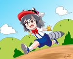  :d animal_ears artist_name baseball_cap blue_footwear blush bow bowtie brown_hair cloud commentary_request common_raccoon_(kemono_friends) cosplay day dr._slump ears_through_headwear extra_ears fang fur_collar gloves grey_hair hat kemono_friends mountain multicolored_hair norimaki_arale norimaki_arale_(cosplay) open_mouth outdoors outstretched_arms overalls pun raccoon_ears raccoon_tail red_neckwear running short_sleeves sky smile solo tail takamaru_(minamimachi_seisakusho) v-shaped_eyebrows white_legwear yellow_gloves 