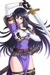  aira_(fire_emblem) armor belt black_eyes black_hair boots bracelet breastplate dress earrings elbow_gloves fire_emblem fire_emblem:_seisen_no_keifu gloves holding holding_sword holding_weapon jewelry lips long_hair rakusai_(saisai_garou) ring sheath shoulder_armor side_slit simple_background smile solo spaulders sword thigh_boots thighhighs thighs thumb_ring very_long_hair weapon white_background 