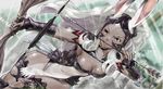  aiming animal_ears arrow bow_(weapon) breasts bunny_ears cleavage covered_navel dark_skin final_fantasy final_fantasy_xii fran hanabusa_(xztr3448) highres holding holding_arrow holding_bow_(weapon) holding_weapon light_rays medium_breasts mouth_hold outstretched_arm pelvic_curtain see-through silver_hair solo viera weapon 