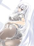  1girl alone ass black_legwear blunt_bangs blush breasts brown_eyes eyebrows_visible_through_hair female hakkai hand_on_hip hips huge_ass kantai_collection large_ass large_breasts lipstick long_hair looking_at_viewer looking_back murakumo_(kantai_collection) older panties pantyhose sideboob silver_hair solo sweatdrop thick_thighs thighs very_long_hair wide_hips 