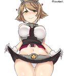  absurdres bare_arms black_skirt blush breasts brown_hair closed_mouth covered_nipples cowboy_shot flipped_hair gloves green_eyes headgear heart heart-shaped_pupils highres kantai_collection kiritto large_breasts looking_at_viewer looking_down midriff miniskirt mutsu_(kantai_collection) navel panties pleated_skirt short_hair simple_background skirt skirt_lift smile solo symbol-shaped_pupils twitter_username underwear white_background white_gloves white_panties 