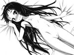  1girl armpits bed bed_sheet black_eyes black_hair blush breasts embarrassed female full-face_blush kimagure_blue long_hair looking_at_viewer lying monochrome navel nipples nude on_back original pussy sheet_grab small_breasts solo uncensored 