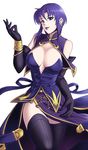  bare_shoulders black_legwear bracelet breasts cleavage dress earrings elbow_gloves fire_emblem fire_emblem:_rekka_no_ken gloves jewelry large_breasts lips lipstick makeup purple_eyes purple_hair rakusai_(saisai_garou) short_hair side_slit simple_background smile solo thighhighs ursula_(fire_emblem) white_background zettai_ryouiki 