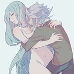  1girl aisutabetao aqua_(fire_emblem_if) blue_hair clothed_male_nude_female fire_emblem fire_emblem_if hug jewelry long_hair male_my_unit_(fire_emblem_if) my_unit_(fire_emblem_if) necklace nude protected_link red_eyes simple_background very_long_hair white_background white_hair yellow_eyes 