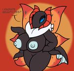  2017 4_arms anthro areola arthropod big_breasts black_body blue_eyes breasts digital_media_(artwork) female fur hand_on_hip insect looking_at_viewer mr.under multi_arm multi_limb neck_tuft nintendo non-mammal_breasts nude orange_background pok&eacute;mon pok&eacute;mon_(species) simple_background solo thick_thighs tuft video_games volcarona white_fur wide_hips wings 
