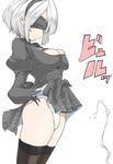  black_dress black_legwear blindfold breasts cleavage cleavage_cutout dress dress_lift gloves hairband large_breasts leotard leotard_under_clothes lifted_by_self momio nier_(series) nier_automata short_hair silver_hair solo suggestive_fluid thighhighs white_leotard yorha_no._2_type_b 