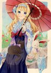  animal animal_on_lap bangs black_cat blonde_hair blue_eyes blue_flower blue_hakama blue_headband blue_kimono blue_rose blue_sky blush border bow bush cat clock cup flower gloves hair_flower hair_ornament hakama heart highres holding holding_umbrella hozumi_rino japanese_clothes jar kimono long_hair long_sleeves looking_at_viewer on_table original parasol parted_lips purple_bow purple_flower purple_rose red_bow red_umbrella rose rose_bush sash saucer sitting sky smile solo stuffed_animal stuffed_bunny stuffed_toy table tareme tea teacup umbrella wavy_hair white_gloves wide_sleeves 