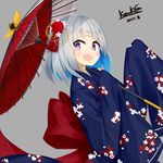  artist_name blue_eyes blue_hair blush dated eyebrows_visible_through_hair grey_background grey_hair hair_ornament holding holding_umbrella kavka looking_at_viewer multicolored_hair open_mouth original parasol short_hair signature simple_background smile solo teeth umbrella 