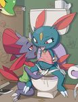  anthro bathroom clothed clothing female fingering group hi_res male nintendo nude panties partially_clothed pok&eacute;mon pok&eacute;mon_(species) pussy semi-anthro sneasel snivy toilet tricksta underwear urine video_games weavile 