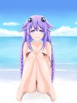  absurdres beach bikini blue_eyes braid breasts centon_(736023681) crying day hair_ornament highres large_breasts long_hair looking_at_viewer neptune_(series) ocean outdoors purple_hair purple_heart solo swimsuit symbol-shaped_pupils tears twin_braids untied very_long_hair wardrobe_malfunction 