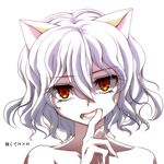  androgynous animal_ears bare_shoulders cat_ears finger_in_mouth hunter_x_hunter looking_at_viewer neferpitou open_mouth orange_eyes short_hair silver_hair solo upper_body watarui wavy_hair 