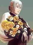  bouquet butler carrying european_clothes fire_emblem fire_emblem_if flower gloves joker_(fire_emblem_if) male_focus ponytail purple_eyes simple_background smile solo traditional_media watercolor_(medium) white_hair 