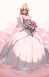  blonde_hair bouquet breasts bridal_veil cleavage dress elbow_gloves flower gloves highres looking_at_viewer mario_(series) medium_breasts mynare parted_lips piranha_plant power_moon princess_peach smile solo starman_(mario) super_mario_bros. super_mario_odyssey tiara veil white_dress white_gloves 