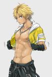  abs adonis_belt black_gloves blonde_hair blue_eyes collarbone cropped_jacket dark_skin dark_skinned_male final_fantasy final_fantasy_x gloves grey_background jewelry male_focus navel necklace nipples pectorals shirtless simple_background solo sweatdrop tidus toned toned_male torakichi_(ebitendon) 