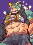  arslan bulge clothed clothing costume feline frankenstein fully_clothed grope halloween holidays istani istanl lion male mammal midriff muscular muscular_male pattern_clothing pecs shorts striped_clothing striped_shirt tokyo_afterschool_summoners 
