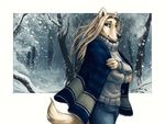  2017 anthro biped black_nose blue_bottomwear blue_clothing blue_eyes blue_pants canine cloak clothed clothing detailed_background digital_media_(artwork) female forest front_view fully_clothed fur grey_clothing grey_topwear hair half-length_portrait jeans long_hair looking_at_viewer mammal pants portrait signature smile snout snow snowing solo standing sweater tan_fur tan_hair tan_tail tasanko tree winter wolf 
