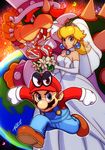  2boys blonde_hair bouquet bowser breasts bridal_veil brown_hair cappy_(mario) claws cleavage commentary dress earth elbow_gloves facial_hair fangs flower gloves hat highres horns looking_at_viewer mario mario_(series) medium_breasts monster_boy multiple_boys mustache overalls piranha_plant princess_peach red_hair robert_porter spikes super_mario_bros. super_mario_odyssey tiara top_hat veil wedding_dress white_gloves 