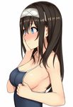  bangs black_hair blue_eyes blush breasts closed_mouth commentary_request eyebrows_visible_through_hair from_side hair_between_eyes hand_on_own_cheek hiiragi_hajime idolmaster idolmaster_cinderella_girls large_breasts long_hair one-piece_swimsuit sagisawa_fumika school_swimsuit sideboob sidelocks simple_background solo swimsuit tareme upper_body white_background 