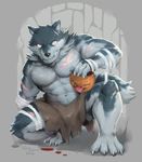  2017 abs anthro bandage barefoot biceps big_muscles black_nose blood canine claws clothed clothing crouching fangs fur glowing glowing_eyes grey_fur halloween holidays loincloth male mammal muscular muscular_male obliques pecs red_eyes scar simple_background smile solo taki_kaze teeth toe_claws topless triceps wolf 