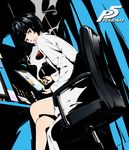  1girl bare_legs black_hair brown_eyes clipboard dress holding labcoat legs_crossed looking_at_viewer mug nail_polish parted_lips persona persona_5 red_nails short_hair sitting sitting_on_chair solo takemi_tae test_tube werkbau 