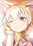  ;) animal_ears blonde_hair bow bowtie brown_eyes commentary dot_nose elbow_gloves eyebrows_visible_through_hair face fennec_(kemono_friends) fox_ears gloves hand_on_own_cheek highres kemono_friends looking_at_viewer one_eye_closed pink_shirt portrait puffy_sleeves shirt short_hair smile solo yasume_yukito yellow_gloves yellow_neckwear 