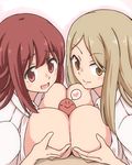  2girls blonde_hair blush breasts eyebrows_visible_through_hair ffm_threesome group_sex heart hetero islandz large_breasts looking_at_viewer multiple_girls multiple_paizuri noda_kotone open_mouth orange_eyes paizuri penis red_eyes red_hair sakura_trick takayama_haruka threesome 