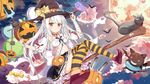  absurdres alternate_costume araragikoyomis azur_lane black_cat breasts broom broom_riding candy cannon cat cloud collarbone derivative_work erebus_(azur_lane) food full_moon ghost halloween hat highres jack-o'-lantern long_hair looking_at_viewer moon navel pumpkin red_eyes ribbon small_breasts solo staff striped striped_legwear thighhighs weapon white_hair witch_hat 