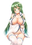  bare_shoulders blush breast_hold breasts closed_mouth collarbone detached_sleeves ebi_193 frog_hair_ornament green_eyes green_hair hair_ornament hair_tubes head_tilt kochiya_sanae large_breasts long_hair looking_at_viewer nipples no_bra no_pants open_clothes open_shirt panties ribbon-trimmed_legwear ribbon_trim shiny shiny_hair shirt simple_background sitting smile snake_hair_ornament solo thighhighs touhou underwear white_background white_legwear white_panties 