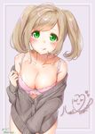  aran_sweater bare_shoulders blush bow bow_bra bra breasts cleavage collarbone green_eyes highres idolmaster idolmaster_cinderella_girls licking_lips light_brown_hair long_sleeves looking_at_viewer medium_breasts off_shoulder pink_bra satou_shin shiratama_akane smile solo sweater tongue tongue_out twintails underwear 