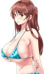  armpit_peek arms_behind_back bikini blue_bikini blush breasts brown_eyes brown_hair commentary_request hair_ornament hairclip halter_top halterneck huge_breasts ishizu_kayu long_hair looking_at_viewer mole mole_on_breast original parted_lips solo swimsuit upper_body 