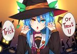  :o blue_eyes blue_hair brown_shirt choker commentary english hair_between_eyes halloween hands_up hat healther heterochromia long_hair long_sleeves looking_at_viewer orange_eyes original purple_neckwear sailor_collar shirt solo trick_or_treat upper_body v-shaped_eyebrows witch_hat 