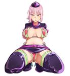  absurdres belt bikini boots braid breasts fate/grand_order fate_(series) florence_nightingale_(fate/grand_order) full_body gloves green_gloves hat highres kame_no_nin kneeling large_breasts long_hair looking_at_viewer micro_bikini microskirt mini_hat multicolored multicolored_bikini multicolored_clothes navel open_mouth pink_hair red_eyes revealing_clothes shrug_(clothing) side-tie_bikini simple_background skirt solo spread_legs swimsuit thigh_boots thighhighs thighs trick_or_treatment white_background 