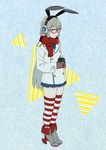  anchor_print bangs bespectacled black_hairband blue_skirt brown_gloves bunny_headphones buttons coat coffee coffee_cup cup disposable_cup drinking_glass eyebrows_visible_through_hair full_body glasses gloves grey_eyes grey_hair hair_between_eyes hairband headphones high_heels holding holding_cup kantai_collection legs_together long_hair long_sleeves looking_at_viewer microskirt miniskirt ojipon open_mouth pleated_skirt red-framed_eyewear red_scarf scarf shimakaze_(kantai_collection) shirt shoes skirt solo standing striped striped_legwear thighhighs very_long_hair white_coat 
