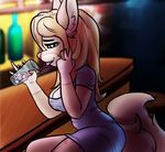  alcohol anthro bar beverage blonde_hair blush bobdirt breasts canine cat clothed clothing detailed_background dress drinking drunk feline female fox fur hair hand_in_hair holding_object inside licking looking_at_viewer mammal seductive shaded short sitting solo straw tongue tongue_out 