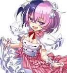  :d bangs blush bow breasts capelet eyebrows_visible_through_hair hair_between_eyes hair_bow looking_at_viewer manarou multicolored_hair neck_ribbon open_mouth pinstripe_pattern purple_eyes red_ribbon ribbon ruu_(sorcery_jokers) short_hair simple_background small_breasts smile solo sorcery_jokers striped two-tone_hair white_background white_bow wristband 