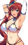  aqua_eyes armpits arms_up bikini blush brave_girl_ravens breasts brown_hair character_request cleavage elbow_gloves gem gloves hair_ornament horosuke_(toot08) large_breasts long_hair looking_at_viewer mavis_(brave_girl_ravens) multi-strapped_bikini navel one-piece_tan open_mouth side_ponytail sidelocks simple_background single_glove smile solo swimsuit tan tanline white_background white_bikini white_gloves 