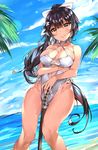  azur_lane black_hair blue_sky breasts brown_eyes casual_one-piece_swimsuit cloud cowboy_shot day hair_flaps highleg highleg_swimsuit highres horizon large_breasts long_hair looking_at_viewer one-piece_swimsuit ponytail sky solo standing swimsuit sword takao_(azur_lane) tem10 very_long_hair weapon white_swimsuit 